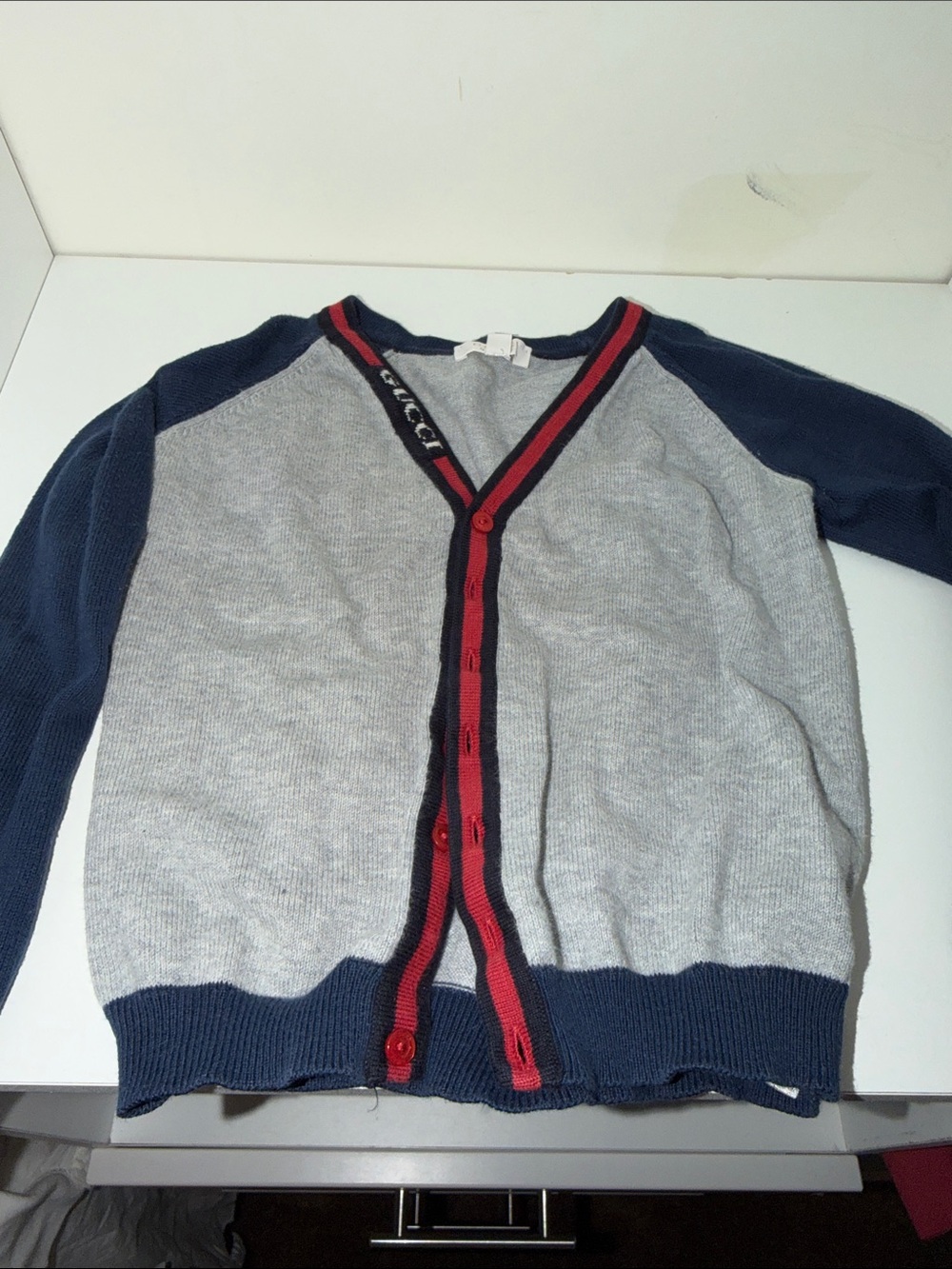 Gucci Grey and Navy Button-Up Cardigan with Red Trim Toddler 2